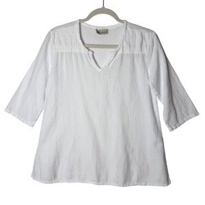 Cottonways Top Women Sz 1 White S / M Gauze 3/4 Sleeve Coastal Lagenlook Boho